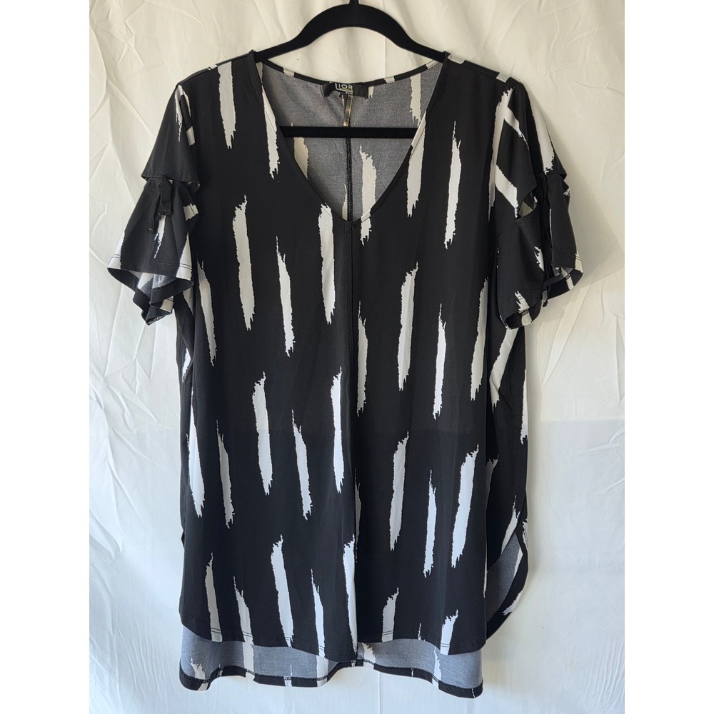 Lior Paris Womens Black White Abstract Brushstroke V-Neck Cold Shoulder Top L